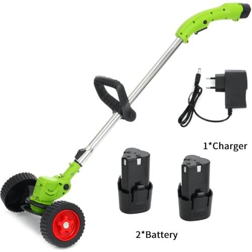 Portable Electric Grass Trimmer Cordless Lawn Mower Double Wheel Pruning Cutter Tools with 1/2 Battery