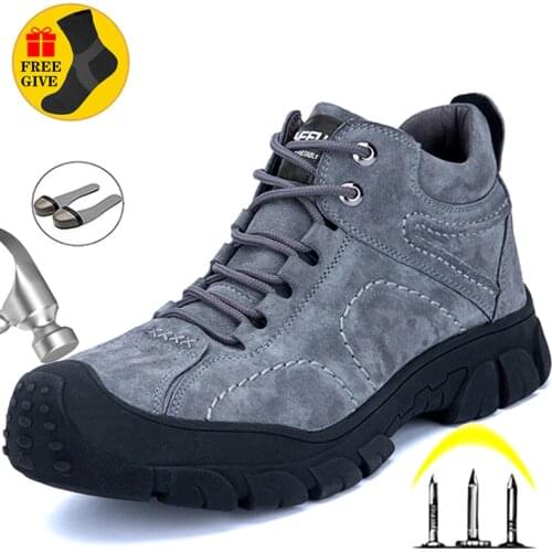 Genuine Leather Work Boots Safety Steel Toe Shoes Men Indestructible Sneakers Men Shoes Hiking Boots Warm Men Boots Safety Shoes