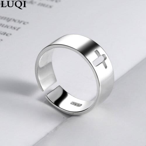 S925 Silver Plated Platinum Simple Hollow Cross Glossy Womens Open Ring SH048