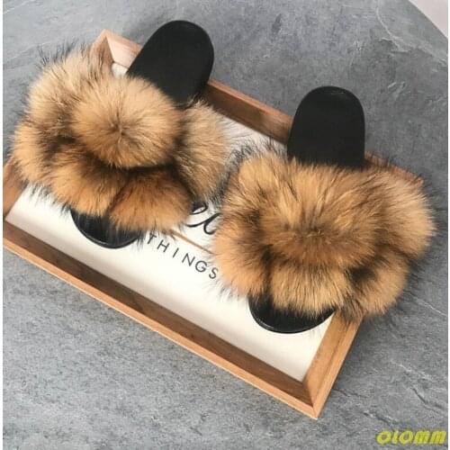 Furry Pom Pom Fur Slides Women Fur Slippers Reall Fox Fur Flip Flop Flat Fluffy Fur Ball Sandals Ladies Cute Rainbow Fur Shoes