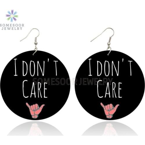 SOMESOOR Both Sides Printed I Don't Care Gesture African Wooden Drop Earrings Black Sayings Design Ear Dangle For Women Gifts