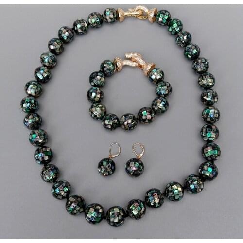 Y·YING Natural Peacock Black Rainbow Abalone Shell 16mm Round Faceted Long Necklace Bracelet Earrings Set Cz Pave Clasp