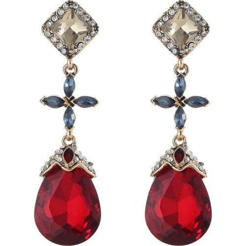 YaYi Red Blue White Glass White Rhinestone Dangle Earring Womens Fashion Ancient Gold Color Gem Earrings For Women E1136