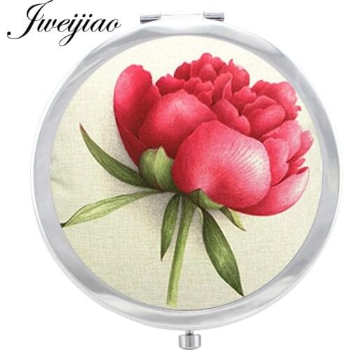 JWEIJIAO Carnation Flower Makeup Mirror Glass Cabochon Art Picture Red Flower Floding Round compact Hand pocket Mirror espejo