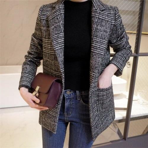 FTLZZ New Autumn Winter Women Vintage Notched Single Breasted Plaid Blazers Office Lady Buttons Pocket Long Sleeve Casual Coat