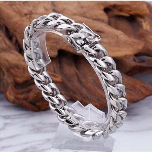 Punk Rock Stainless Steel Curb Cuban Chain Dragon Clasp Bracelets Men Women Miami Gold Hiphop Biker Bangles Jewelry 8/10/12/14mm