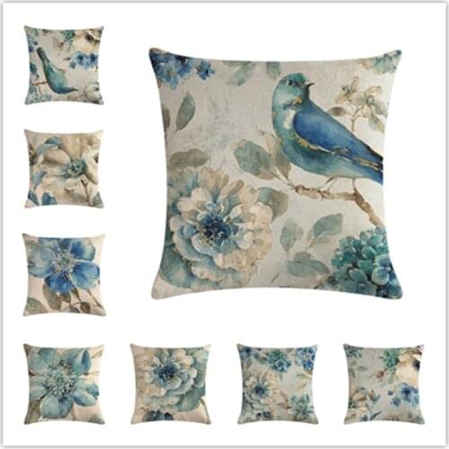 Blue Flower and Bird Printing Pillowcase Floral Hummingbird Flax Decor Pillow Case for Home Bed Sofa Car Cushion Cover 45 x 45cm