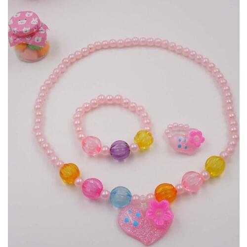 Candy Color Children Cute Heart Necklace Jewelry Simulated Pearl Girl Kids Baby Stretch Necklace Set Gj9