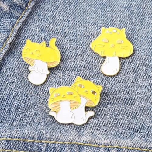 Cat Face Yellow Mushroom Enamel Pins Wholesale Custom Cute Animals Plants Brooch Lapel Badge Bag Cartoon Pin Gift for Friends