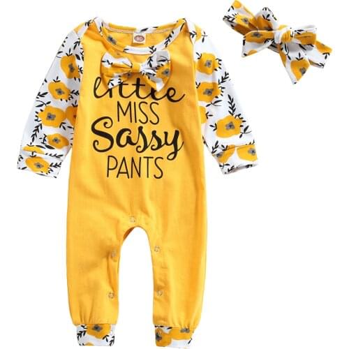 Newborn Baby Girl Romper Floral Print Long Sleeve Fresh Letter Bow Round Neck Jumpsuit Headband Cotton Baby Girl Clothes 6M-3Y