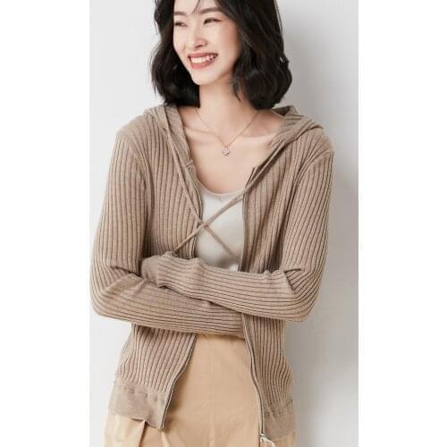 Korean Summer New Style Fine Wool Zipper Thin Hooded Knitted Cardigan Fan Casual Solid Color Coat Jacket Women 60104