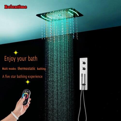 Concealed Thermostatic Shower Faucets Set Crystal Nozzle Glow LED Ceiling Shower Head Double Handle Mixer Bathroom Shower Panel