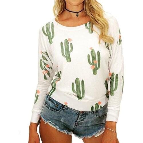 Hitmebox 2019 New Fashion Autumn Winter Womens Cactus Printed Crew Neck Long Sleeve Sweatshirts Jumper Ladies Casual Hoodie Tops
