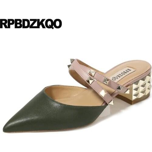 Pointed toe stud black chunky leather pumps low heels sexy shoes small size wine red patent ladies big 33 cross strap block