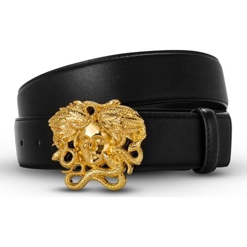 Genuine Leather Belt for Mens Brand Snake Hair Dermal Cinturon Medusas Big Luxury Gold, Silver Button Head Belt