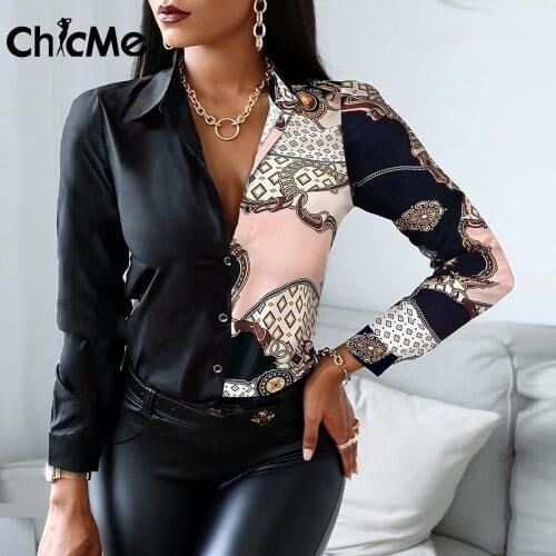 Chicme Autumn Women Scarf Chain Print Button Design Blouse Turn-down Collar Fashion Work Shirts Long Sleeve 2021 Casual Elegant
