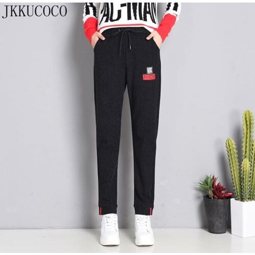 JKKUCOCO Ankle-length Harem Pants Pocket 3D LOGO High Waist Drawstring trousers Warm Woolen autumn Winter Pants Women pants