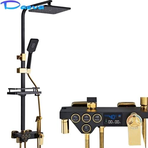 Bathroom Thermostatic Shower Faucet Set Black And Gold Rainfall Shower Mixer Tap Bathtub Shower Mixer Tap 4-Way Shower System