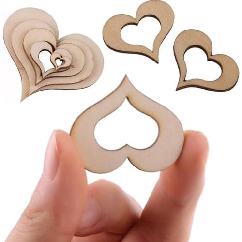 50/100pcs Hollowed Heart Pattern Natural Wooden Slice DIY Craft Decor Heart Shape Love Wood Chip Christmas Wedding Decor
