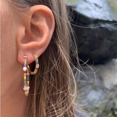 Gorgeous trendy women lady gift jewelry Gold filled multi color cubic zirconia 2019 spring new Medium hoop earring