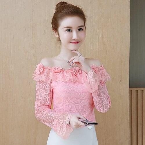 2020 New Spring Women Slash Neck Mesh Shirt Sweet Floral Hollow Out Lace Blouse Female Long Sleeve Bottoming Blouses Tops A1838