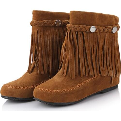 Gypsy boho ethnic national women tassel fringe Faux suede leather ankle boots woman girl flat shoes booties