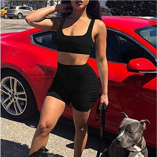 Womens 2PC Solid Color Casual Tight Suit Short Paragraph Navel Low-Cut Vest High Waist Bag Hip Shorts Casual Sports Style Suit