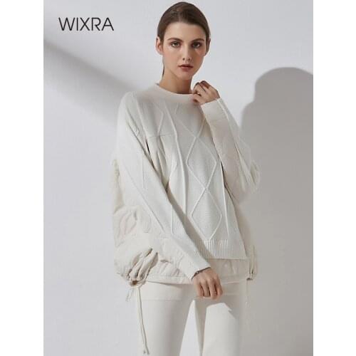 Wixra Women O Neck Patchwork Sweater Autumn Winter Long Sleeve Lace Up Pocket Pullover Female Basic All Match Top