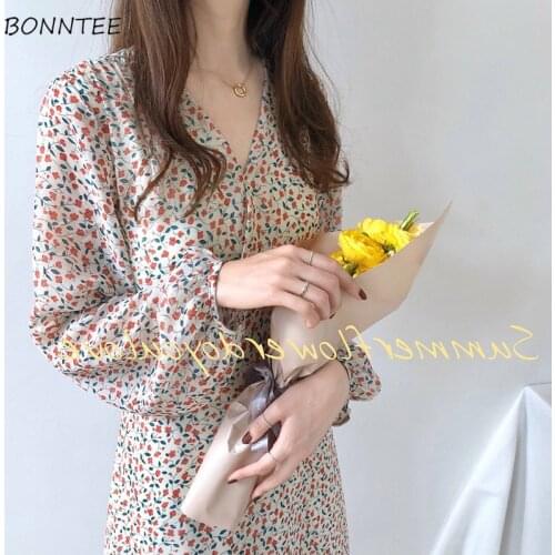 Dress Women Classy Spring Casual Print Sashes V-Neck Midi Simple Chic Design Elegant Korean Style Apricot Tender Mujer Artisitic