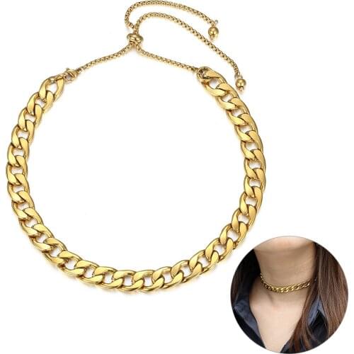 10mm Adjustable Gold Filled Stainless Steel Box Curb Cuban Chain Choker Collar Necklace for Women Girls Fashion Jewelry DN179