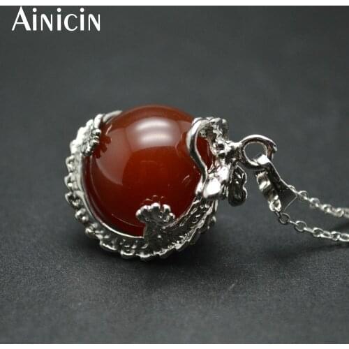 10pcs Christmas Gift Chinese Dragon Twine On Natural Red Stone Ball Fashion Men and Women Pendant Necklace