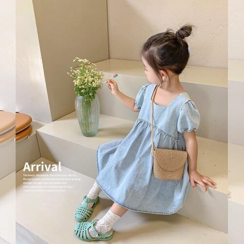 2021 New Summer Kids Girls Denim Dress Korean Stylish Baby Girl Short Puff Sleeve Princess Dresses Leisure Children Clothes 1-8Y