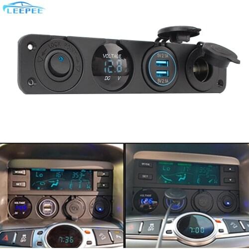 12V Power Socket 4 In 1 Car Cigarette Lighter Digital Voltmeter Dual Usb Power Charger With Rocker Switch Dustproof Waterproof
