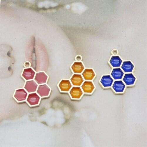 Julie Wang 6PCS Enamel Honeycomb Charms Mixed Pink Yellow Blue Hive Pendants Alloy Necklace Bracelet Jewelry Making Accessory
