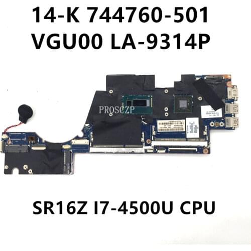 Free shipping For 14-K Laptop motherboard 744760-501 VGU00 LA-9314P With SR16Z I7-4500U CPU 100% working well