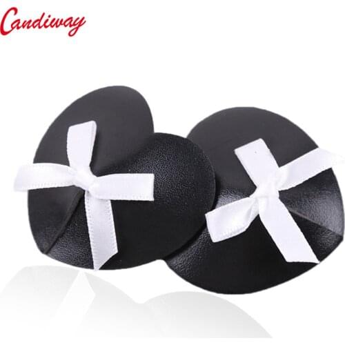 Candiway Reusable Adhesive Black Heart Shape Pasties Leather Nipple Sticker With Cute Black Bow Tickler Flirting Accessories