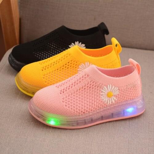Childrens Air Mesh LED Light Sports Shoes Summer Breathable Boys Girls Luminous Daisy Flower Sneakers Kids Toddler Baby XZ19094