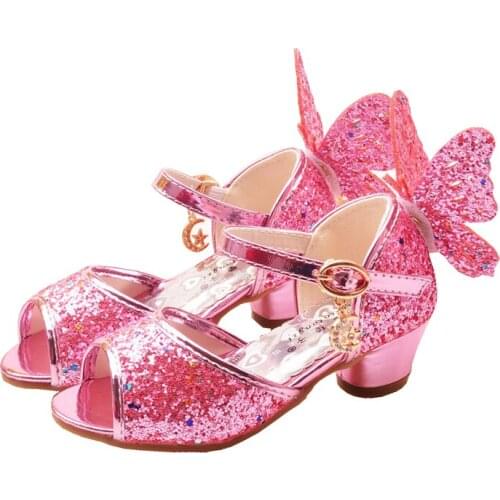 Teens Girls Summer Butterfly High Heel Blue Sequins Glitter Princess Sandals Shoes For Girls Wedding Party Dance Shoes New