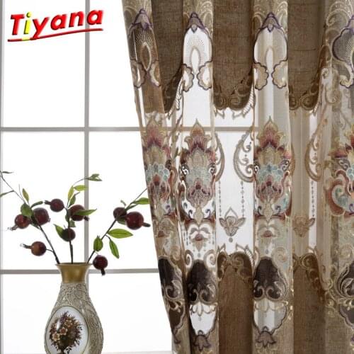 Europe Window Treatments Water-soluble Hollow Embroidery Luxury Voile Brown Curtains For Living Room Lace Curtains Tulle *30
