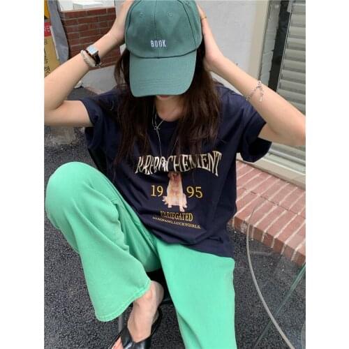 Personality dog print T-shirt trend letter loose lazy half-sleeved t-shirt female wild round neck