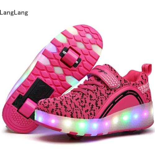 LED Light Sneakers with TWO Wheel Boy Girl Roller Skate Casual Shoe with Roller Girl Zapatillas Zapatos Con Ruedas Pink