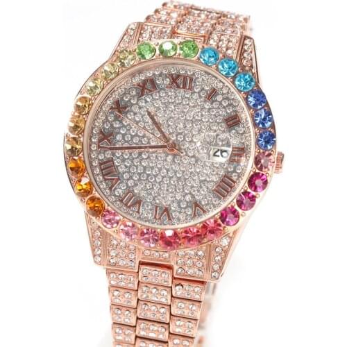 INew Hot MISSFOX Big Rainbow Diamond Luxury Mens Watches Top Luxury Brand 18K Gold Men Watch Luxurious Iced Out Quartz Wristwat