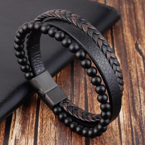 Fashion Men Jewelry Natural Stone Genuine Leather Bracelet Black Stainless Steel Magnetic Clasp Tiger Lava Stone Bracelet Men