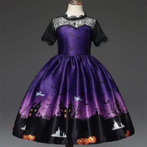 Fancy Halloween Dress for Girls Bat Print Lace Party Dress Skeleton Children Dresses Kids Princess Cosplay Costume Girl Clothes
