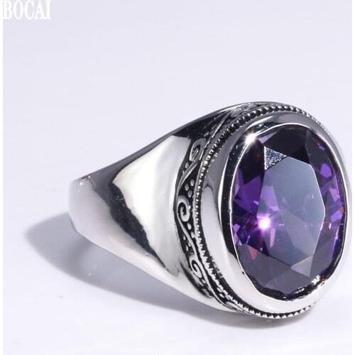 BOCAI New Real s925 sterling silver jewelry Korean faceted zircon amethyst fashion simple Woman ring