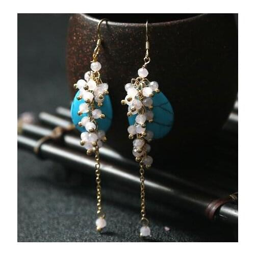New Style Long Tassel Earrings Classic Natural Stone Pink Rose Quartzs Jades Turquoise Silver Jewelry Birthday Party Women Gift