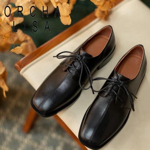 ORCHA LISA 2021 Retro Concise Pumps Leather Square Toe Classics Lace Up 3.5cm Chunky Heel Shoes Big Size 33-40 Brown Black A4271