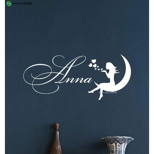 Personalized Name Girl On Moon Wall Stickers For Kids Room Baby Nursery Wall Decals Quote Removable Vinyl Wall Art Mural A493