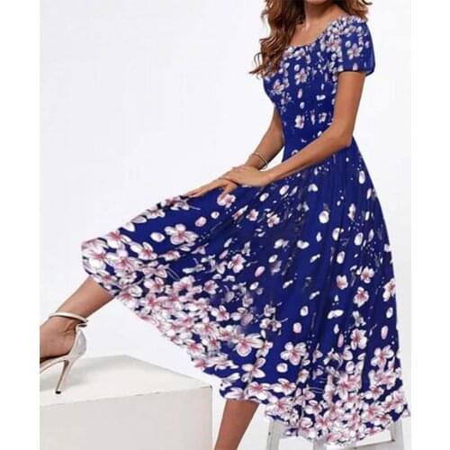 Autumn Long Dress Women Sexy Beach Holiday Party Dress Fashion Slim Summer Vintage Elegant Square Neck Short Sleeve Print Dress
