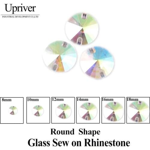 Upriver Wholesale Sewing On Flatback 2 Hole Crystal AB Silver Base Rhinestones Buttons 8mm 10mm 12mm 14mm 16mm 18mm Round Shape